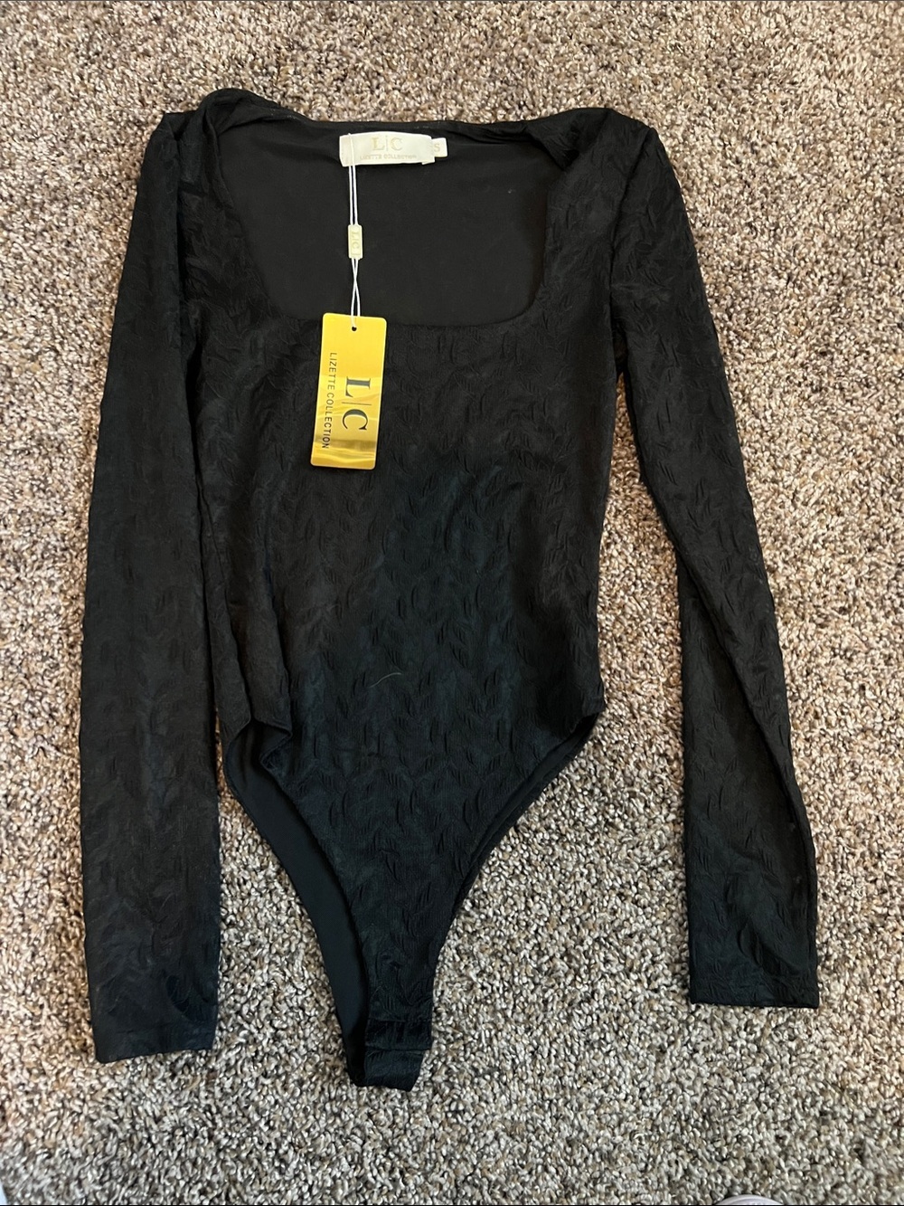 LC Lauren Conrad Black Textured Scoop-Neck Long-Sleeve Bodysuit